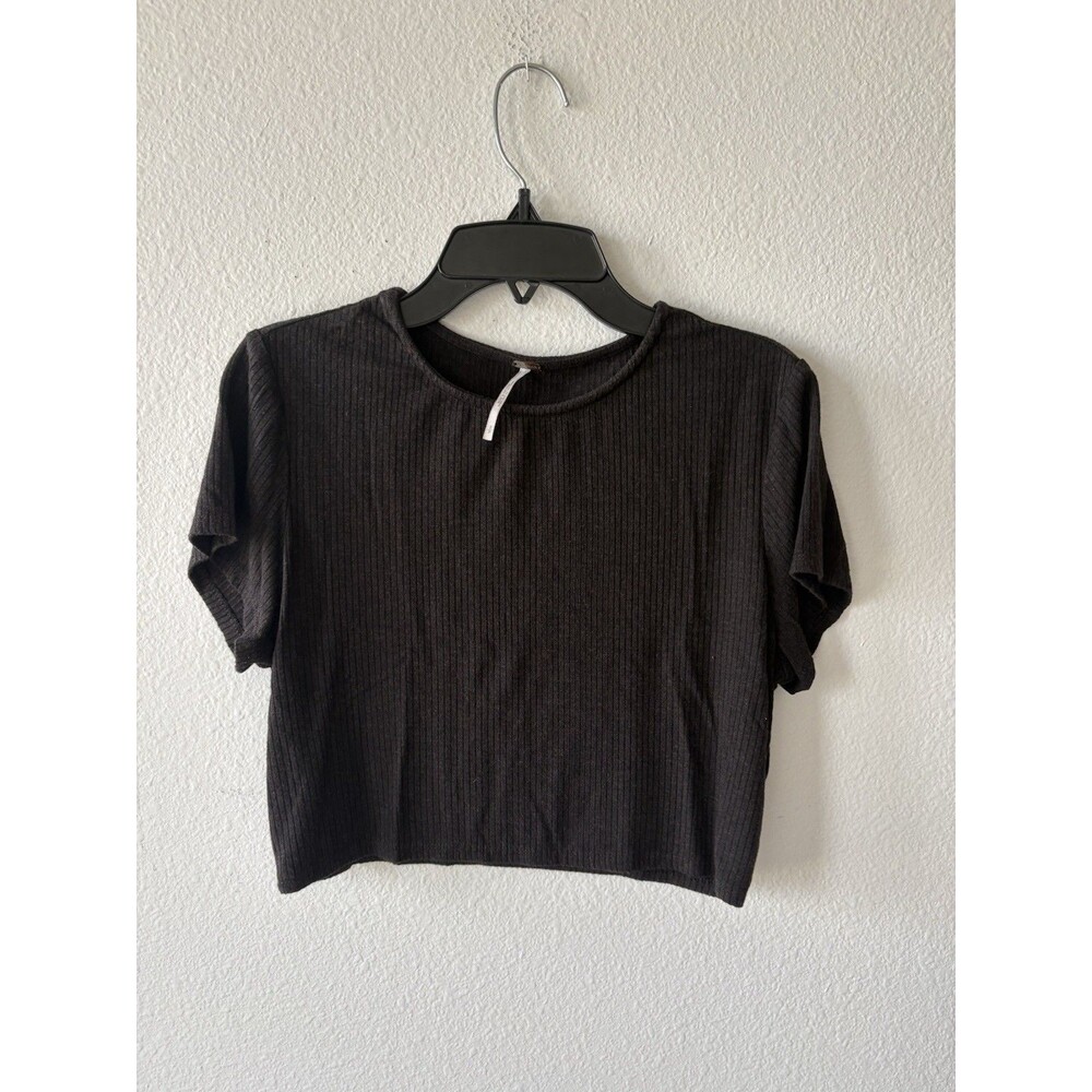 Free People Women's Black Ribbed Short Sleeve Crop Top Size Small